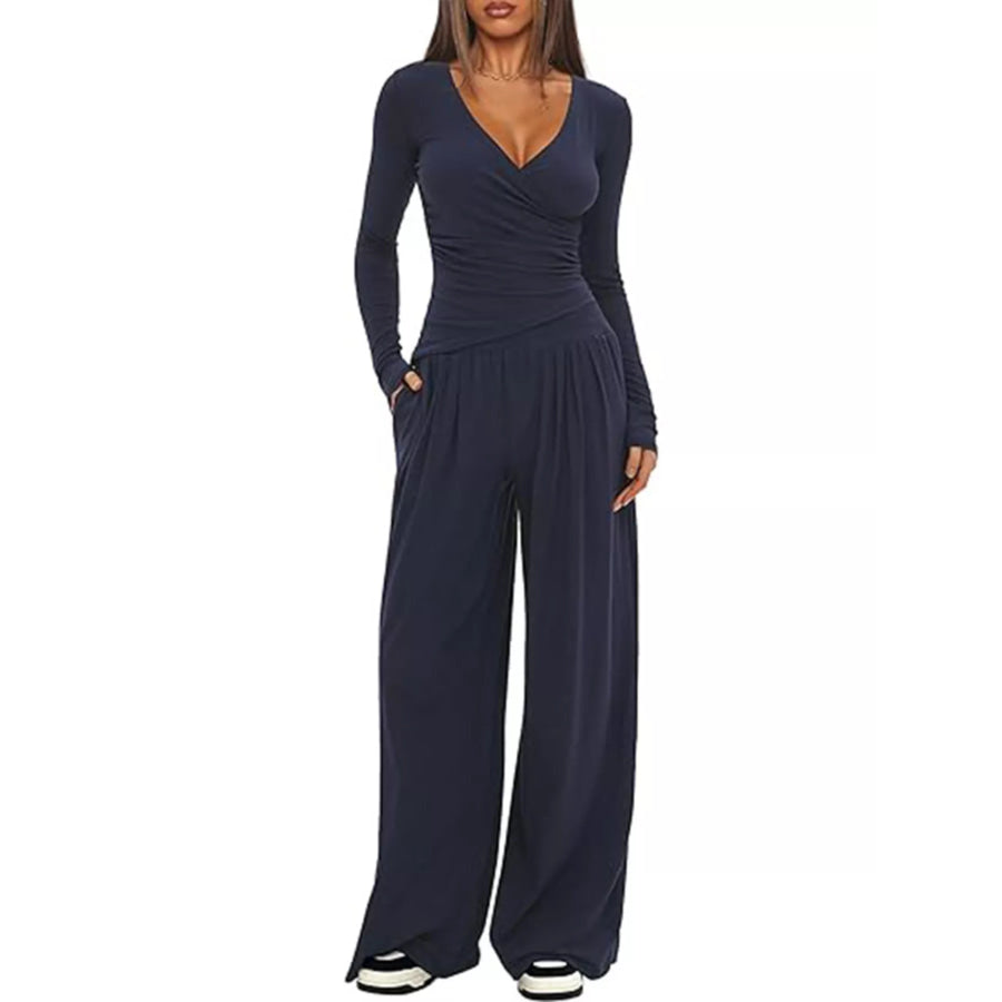 Casual Long Sleeve Top and Pants Two-Piece Set Dark Blue / S Apparel and Accessories