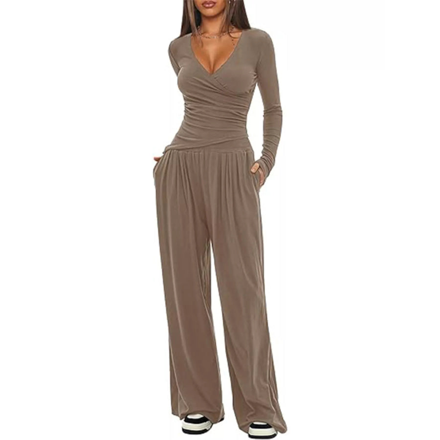 Casual Long Sleeve Top and Pants Two-Piece Set Khaki / S Apparel and Accessories