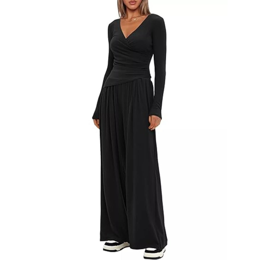 Casual Long Sleeve Top and Wide Leg Pants Set Apparel and Accessories