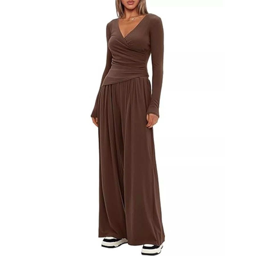 Casual Long Sleeve Top and Wide Leg Pants Set Apparel and Accessories