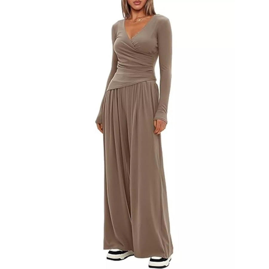 Casual Long Sleeve Top and Wide Leg Pants Set Apparel and Accessories