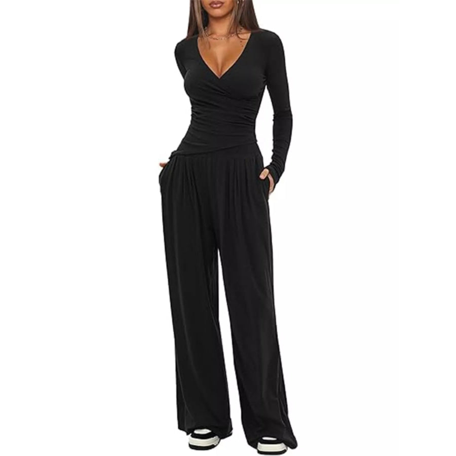Casual Long Sleeve Top and Wide Leg Pants Set Apparel and Accessories
