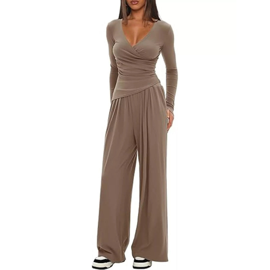 Casual Long Sleeve Top and Wide Leg Pants Set Apparel and Accessories