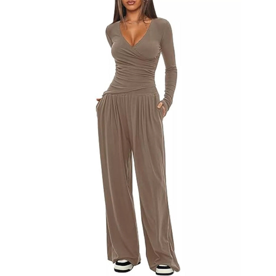 Casual Long Sleeve Top and Wide Leg Pants Set Apparel and Accessories
