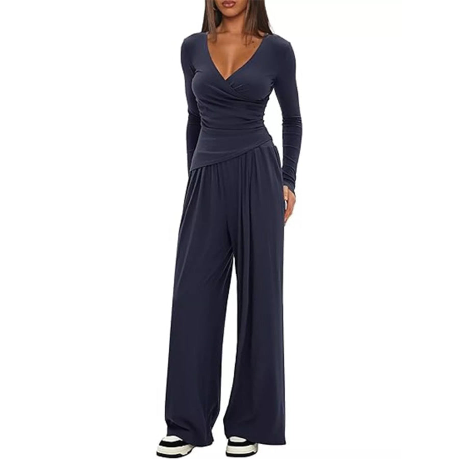 Casual Long Sleeve Top and Wide Leg Pants Set Apparel and Accessories