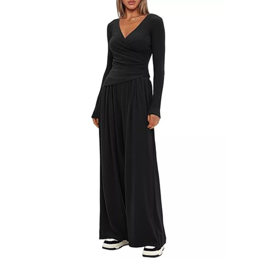Casual Long Sleeve Top and Wide Leg Pants Set Apparel and Accessories