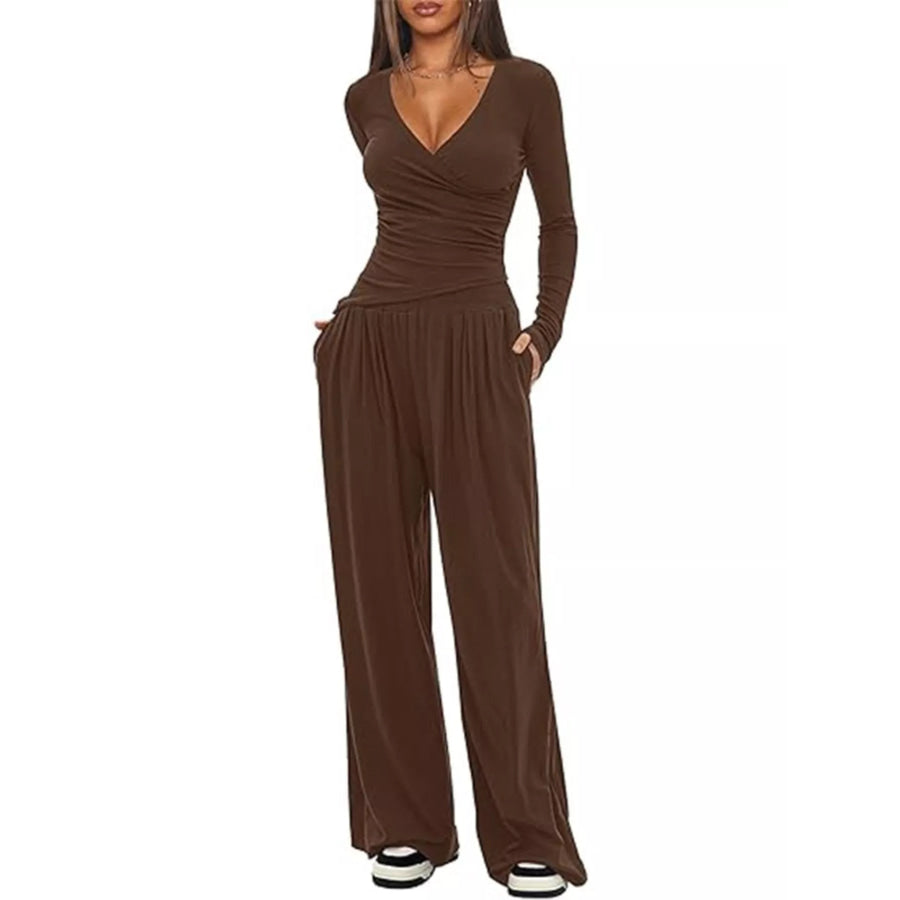 Casual Long Sleeve Top and Wide Leg Pants Set Apparel and Accessories