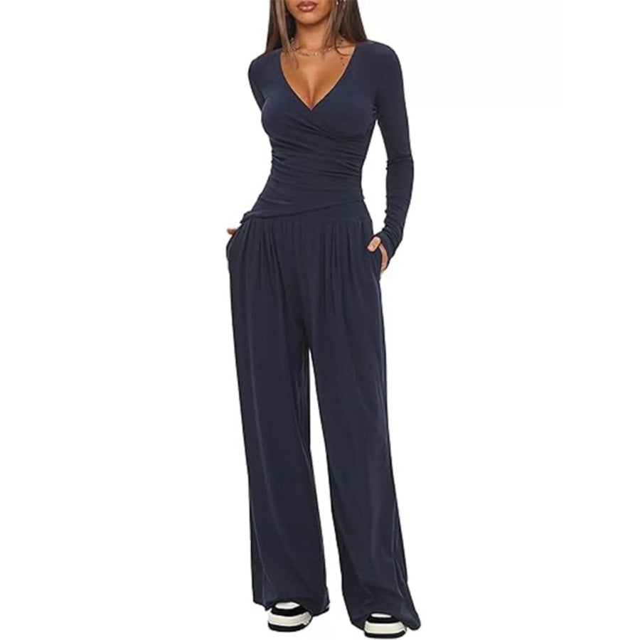 Casual Long Sleeve Top and Wide Leg Pants Set Apparel and Accessories