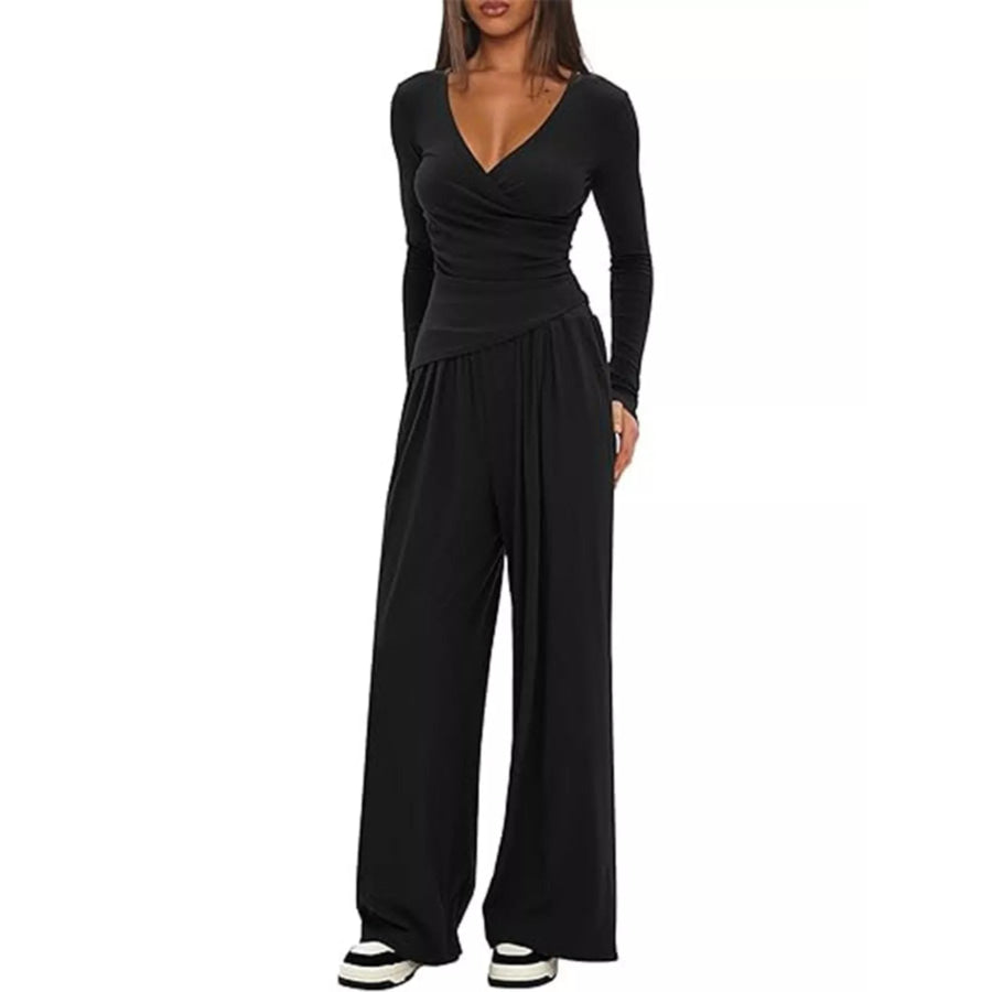 Casual Long Sleeve Top and Wide Leg Pants Set Apparel and Accessories