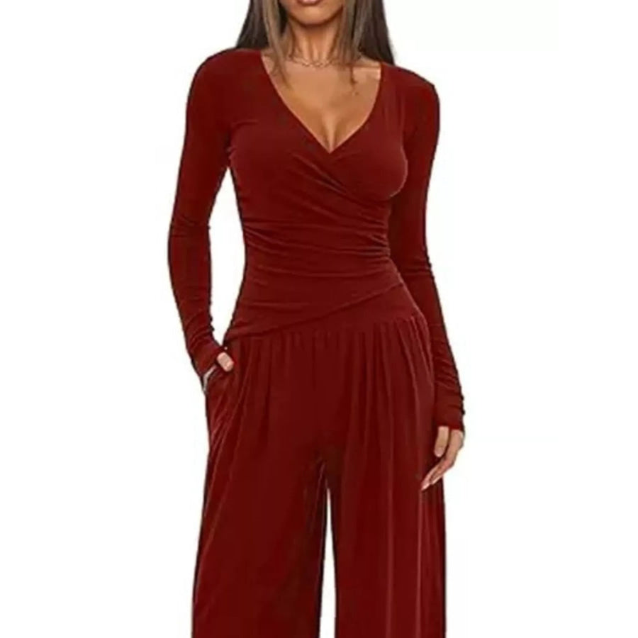 Casual Long Sleeve Top and Wide Leg Pants Set Apparel and Accessories