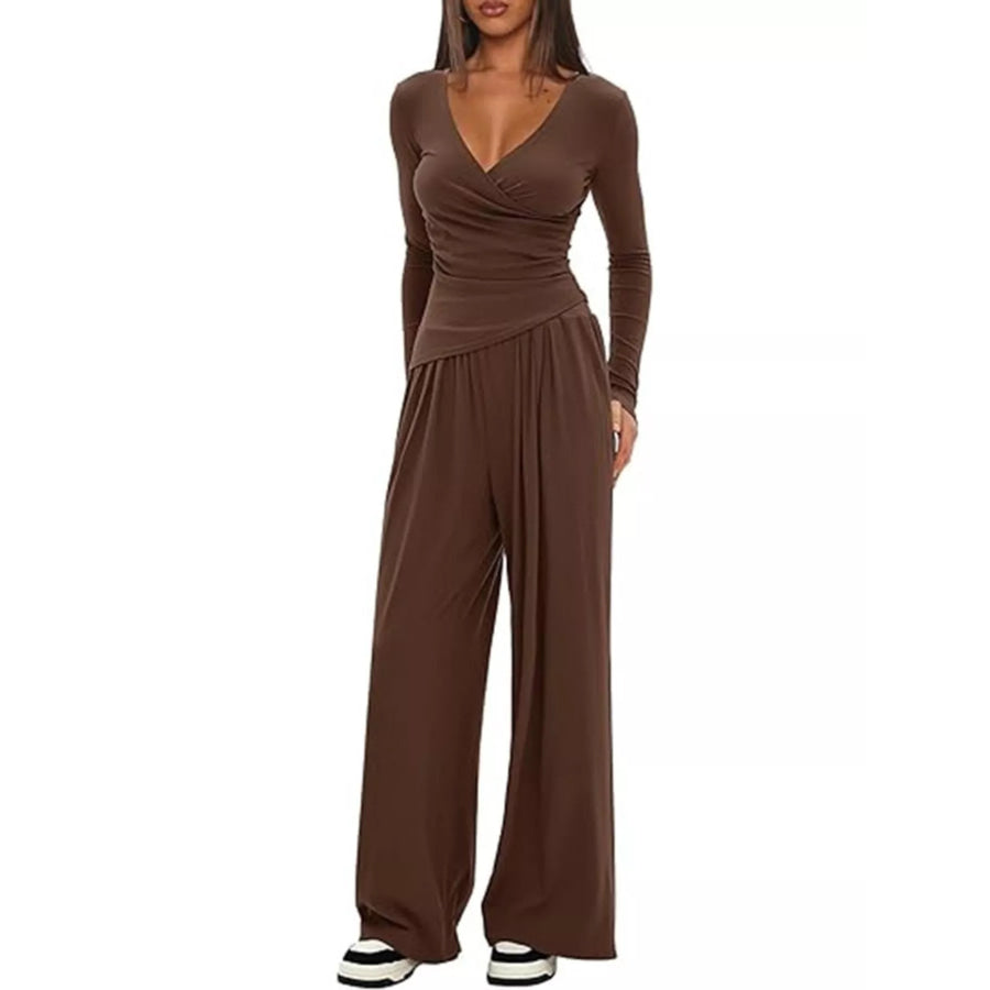 Casual Long Sleeve Top and Wide Leg Pants Set Apparel and Accessories