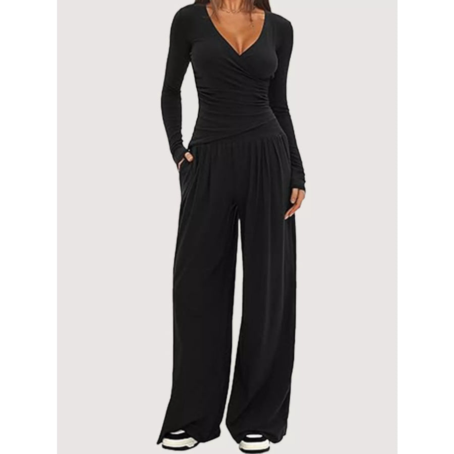 Casual Long Sleeve Top and Wide Leg Pants Set Black / XS Apparel and Accessories