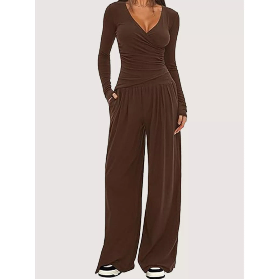 Casual Long Sleeve Top and Wide Leg Pants Set Brown / XS Apparel and Accessories