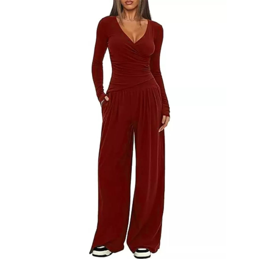 Casual Long Sleeve Top and Wide Leg Pants Set Burgundy / XS Apparel and Accessories