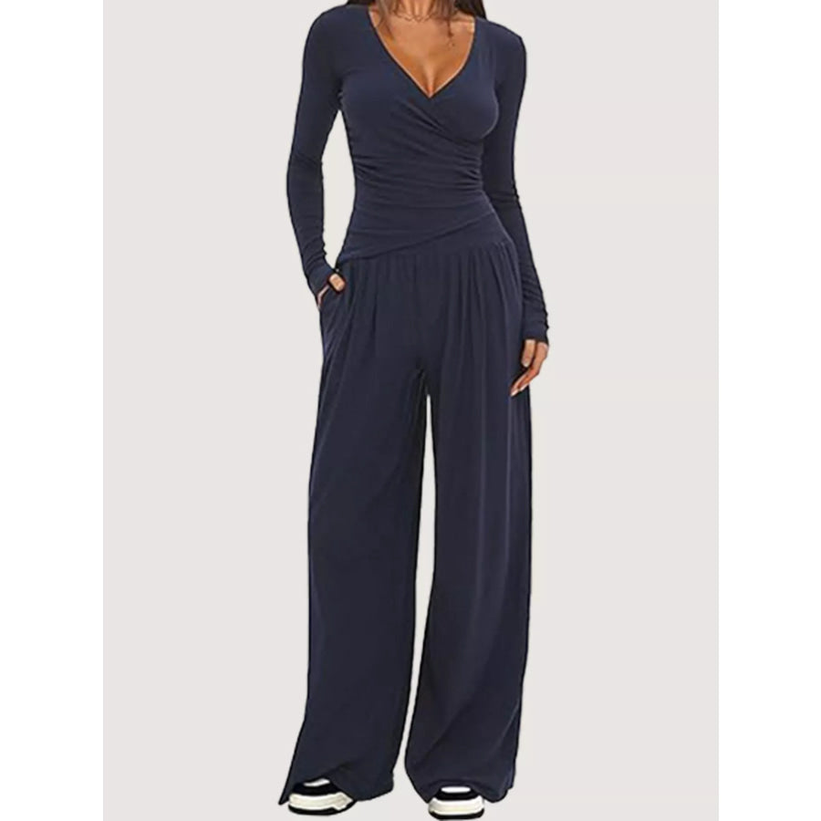 Casual Long Sleeve Top and Wide Leg Pants Set Dark Blue / XS Apparel and Accessories