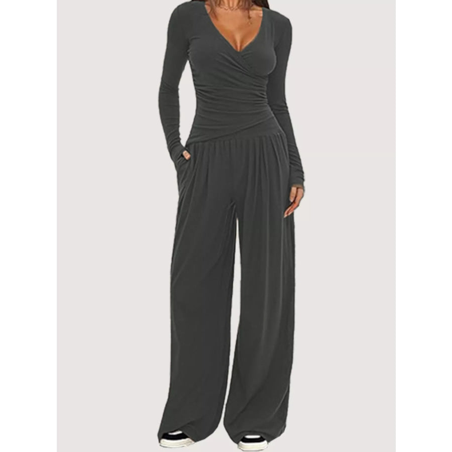 Casual Long Sleeve Top and Wide Leg Pants Set Gray / XS Apparel and Accessories
