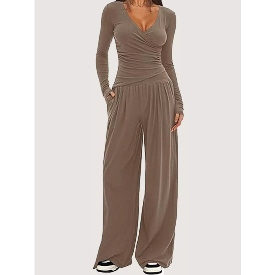 Casual Long Sleeve Top and Wide Leg Pants Set Khaki / XS Apparel and Accessories