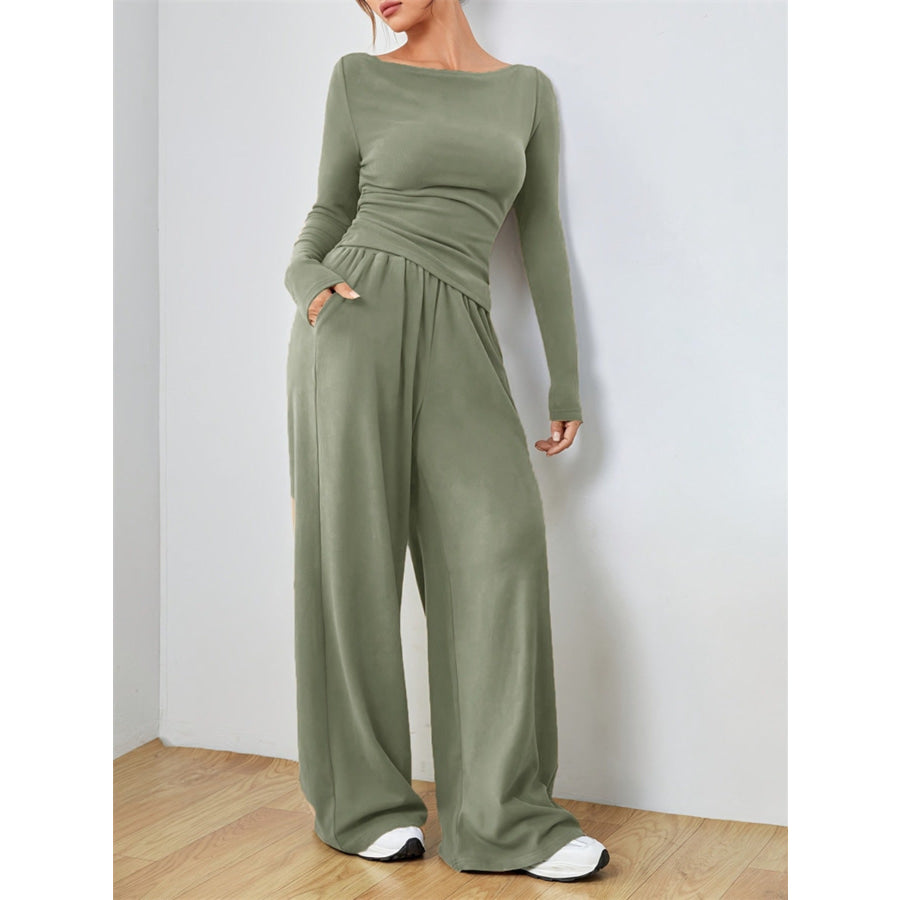 Casual Long Sleeve Top & Wide Leg Pants Set Sage / S Apparel and Accessories