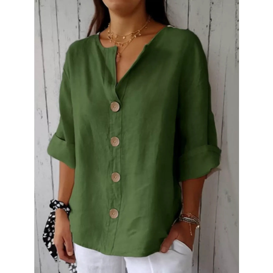 Casual Loose Button-Down Shirt Dark Green / S Apparel and Accessories