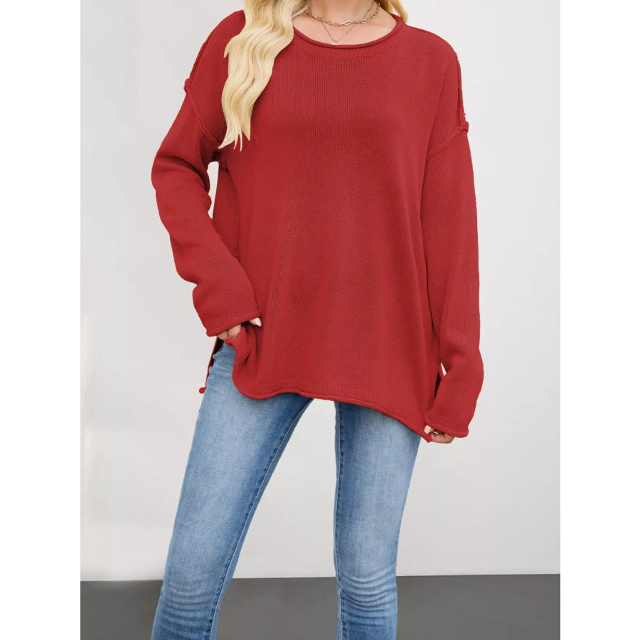 Casual Loose-Fit Crew Neck Sweater Red / S Apparel and Accessories