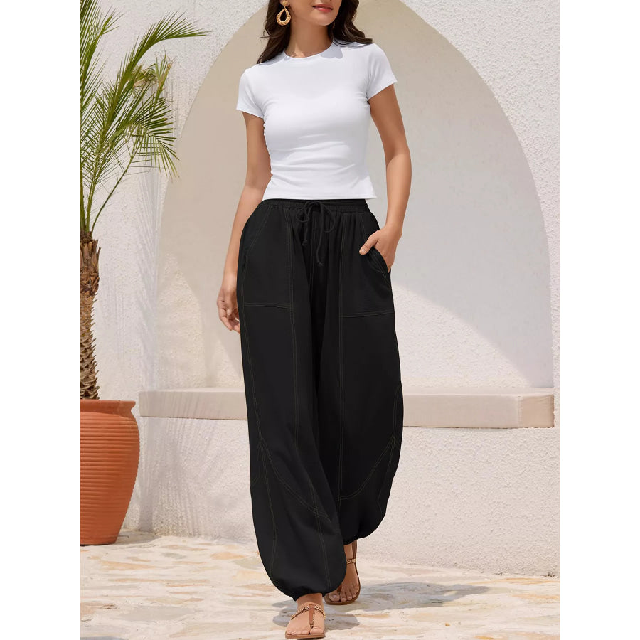 Casual Loose Fit Drawstring Waist Harem Joggers Apparel and Accessories