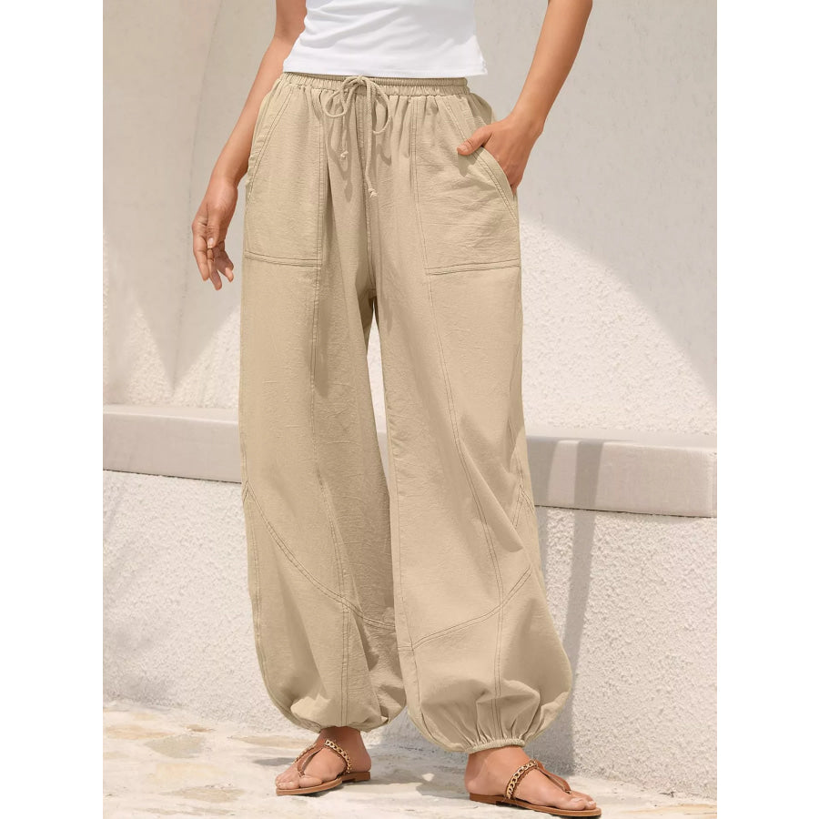 Casual Loose Fit Drawstring Waist Harem Joggers Apricot / S Apparel and Accessories