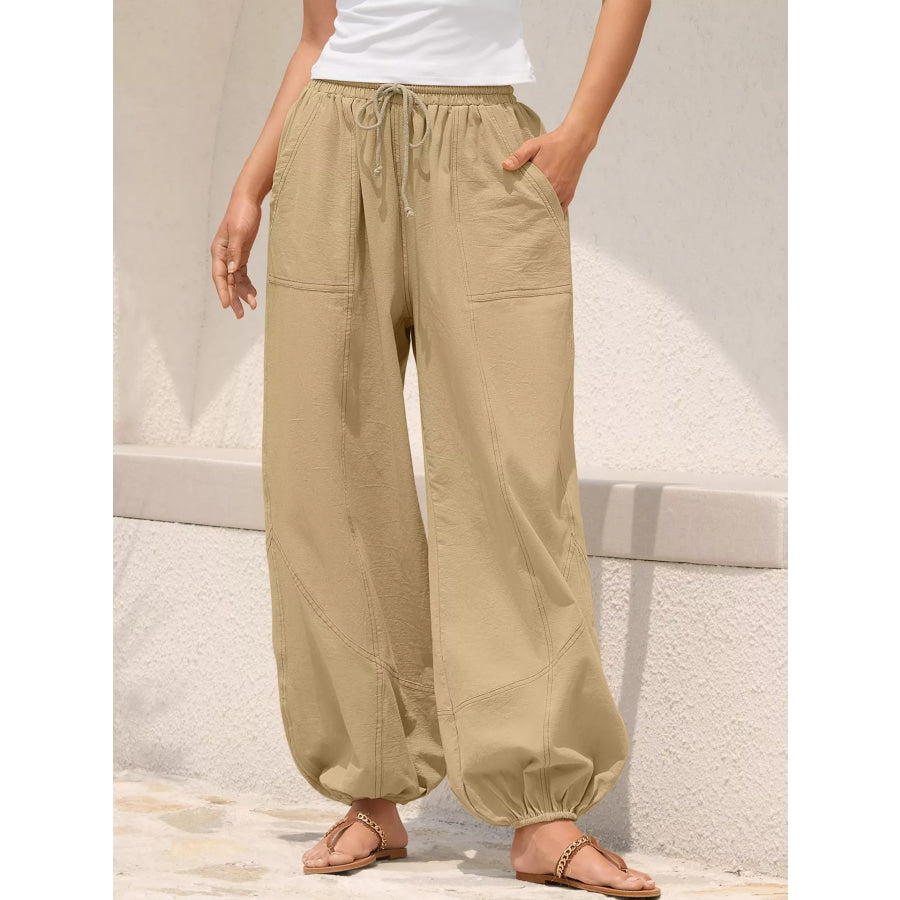 Casual Loose Fit Drawstring Waist Harem Joggers Khaki / S Apparel and Accessories