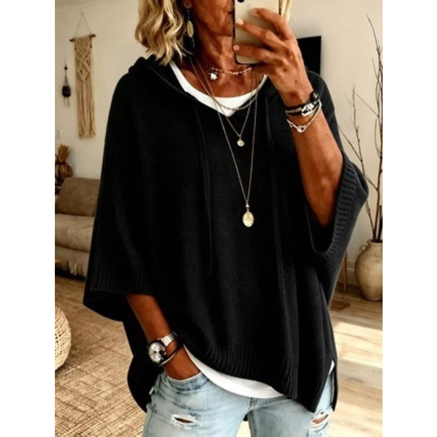 Casual Loose Fit Hooded Knit Sweater with Ribbed Hem Black / S