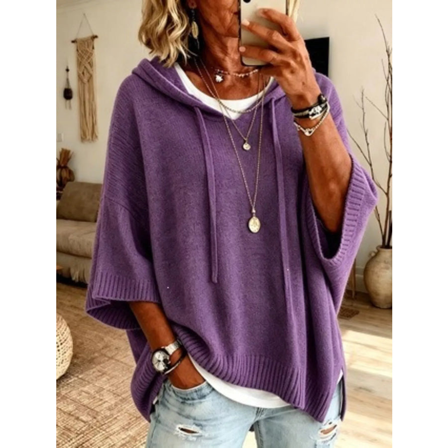 Casual Loose Fit Hooded Knit Sweater with Ribbed Hem Purple / S