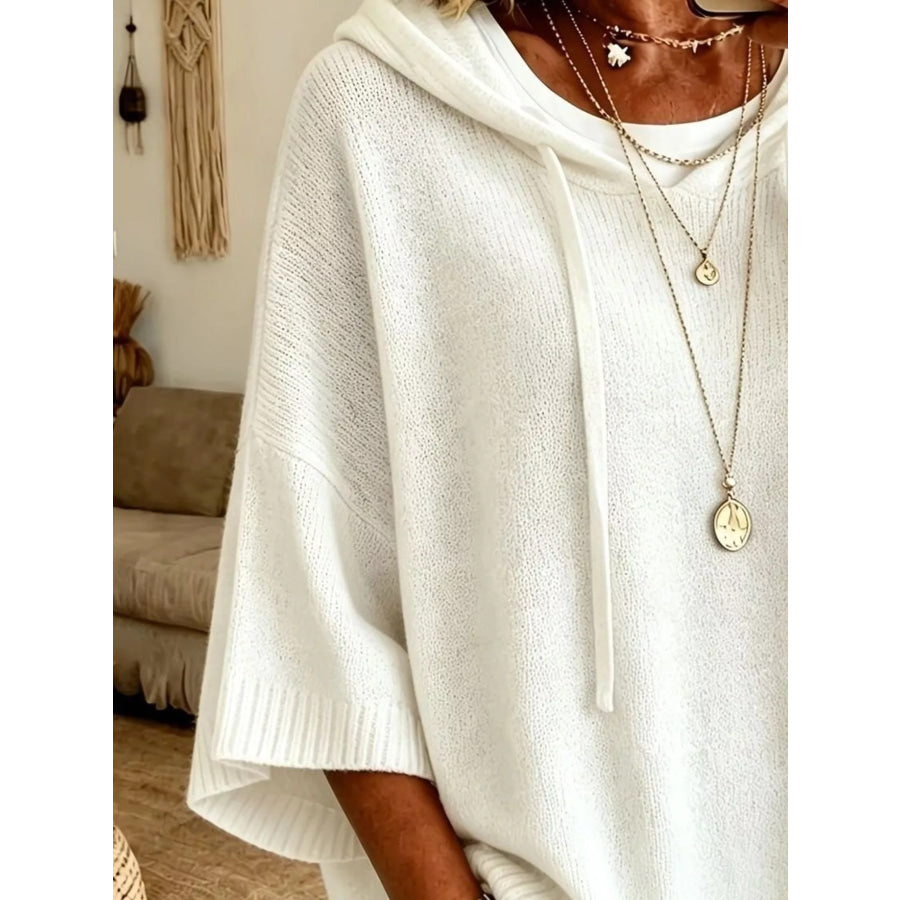 Casual Loose Fit Hooded Knit Sweater with Ribbed Hem