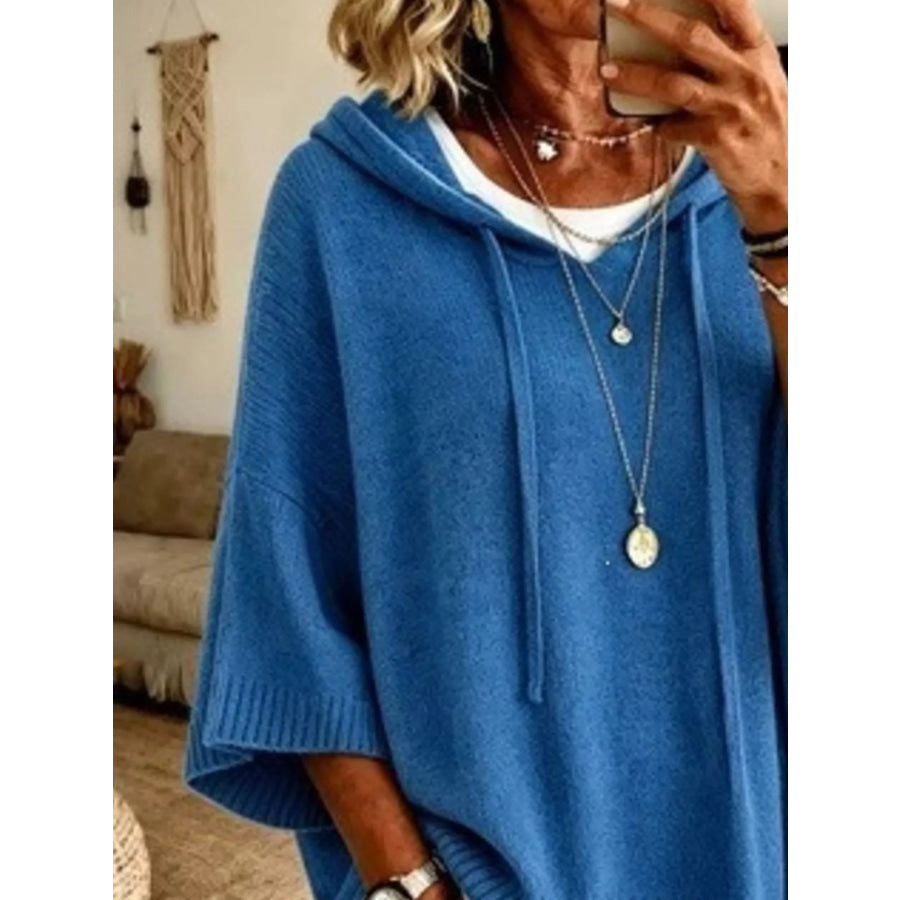 Casual Loose Fit Hooded Knit Sweater with Ribbed Hem
