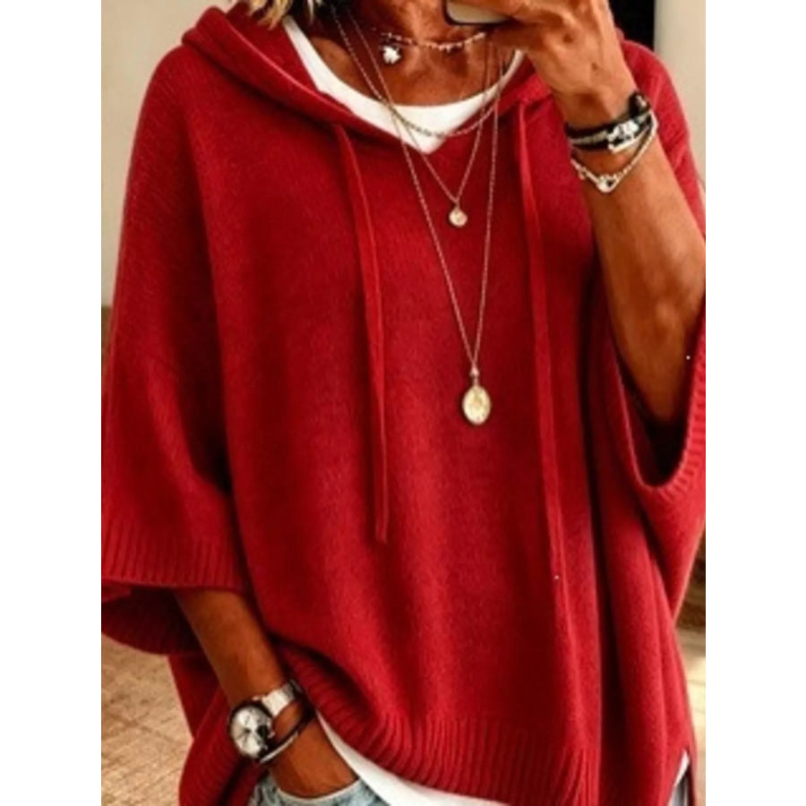 Casual Loose Fit Hooded Knit Sweater with Ribbed Hem