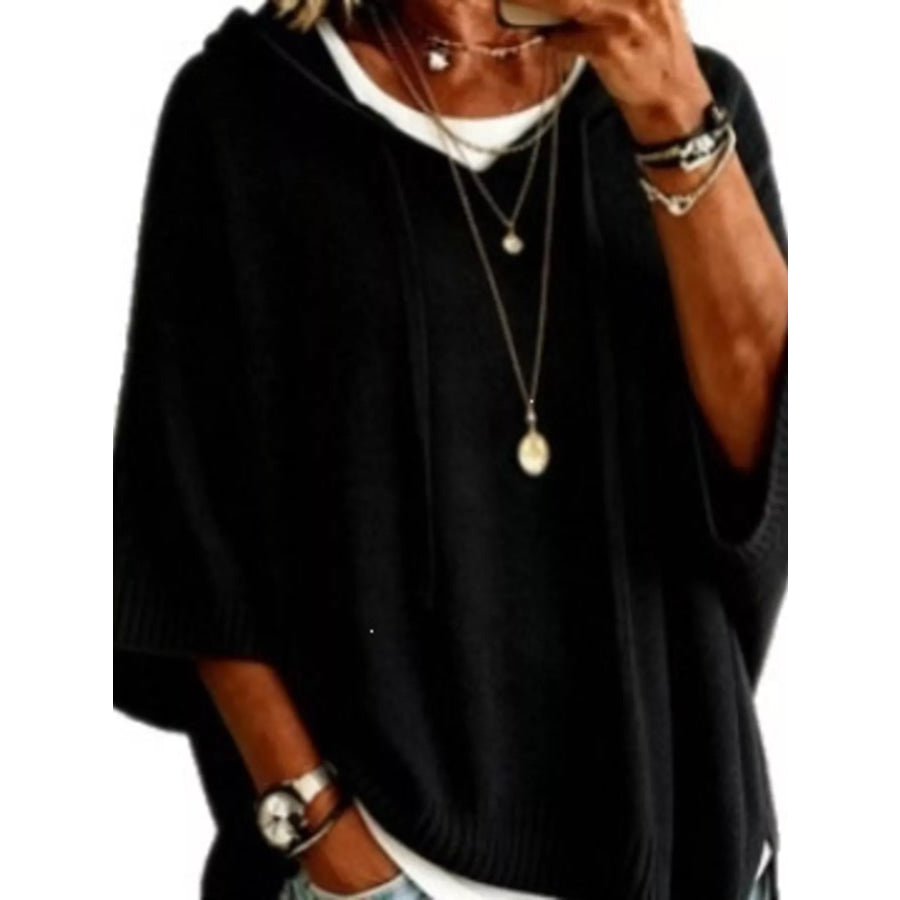 Casual Loose Fit Hooded Knit Sweater with Ribbed Hem