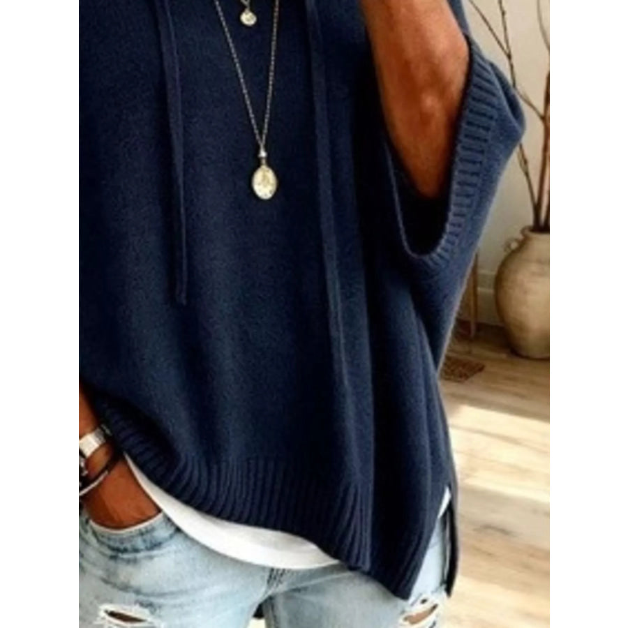 Casual Loose Fit Hooded Knit Sweater with Ribbed Hem
