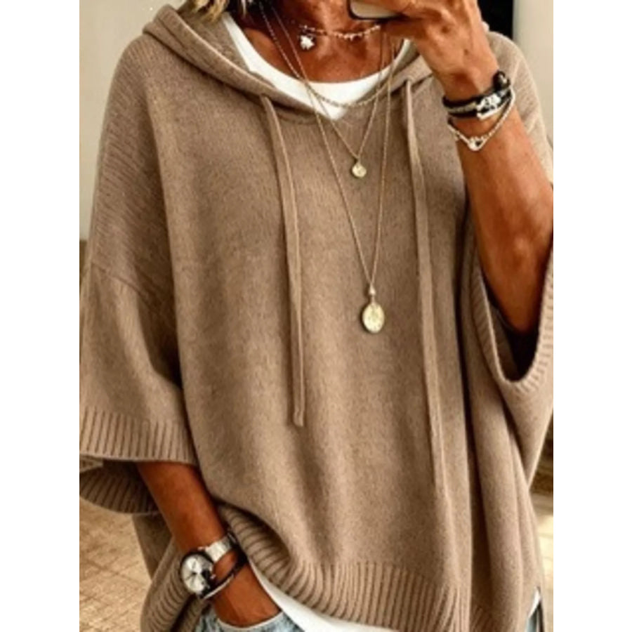 Casual Loose Fit Hooded Knit Sweater with Ribbed Hem