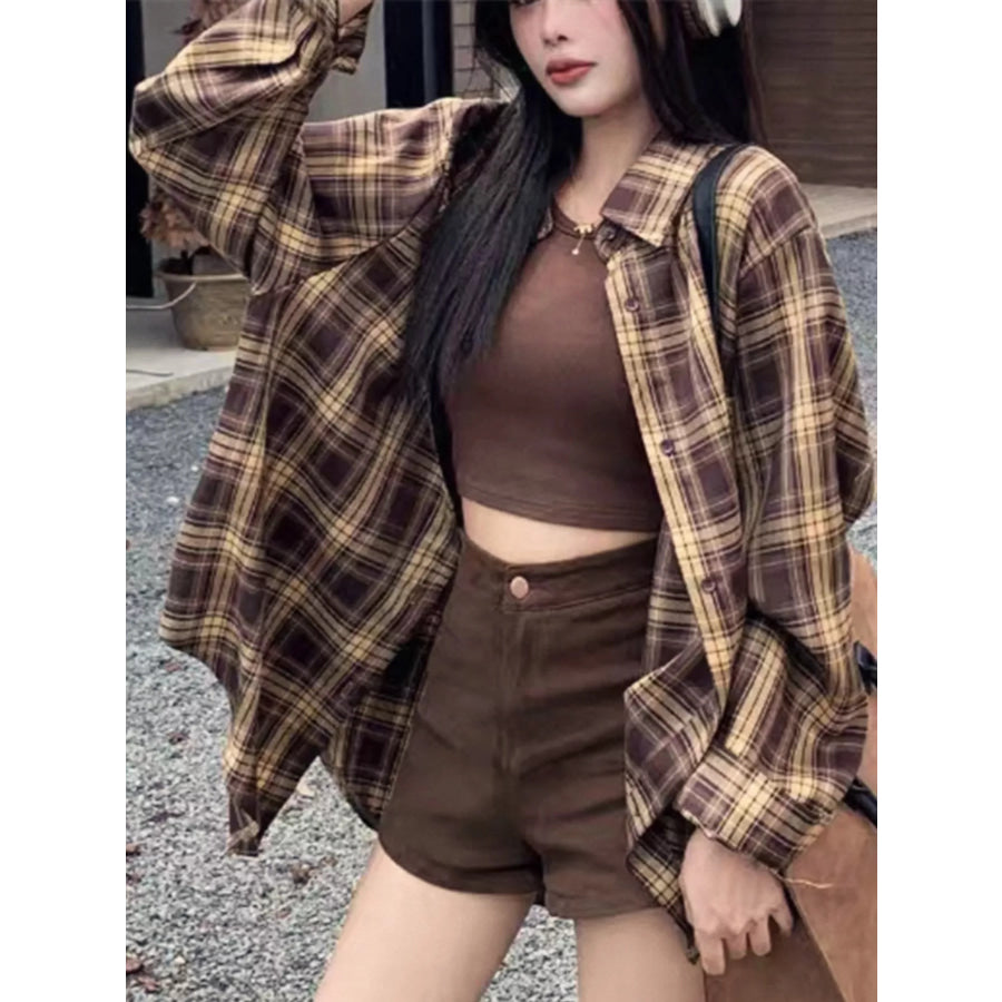 Casual Loose Fit Plaid Shirt Brown-Plaid / S Apparel and Accessories