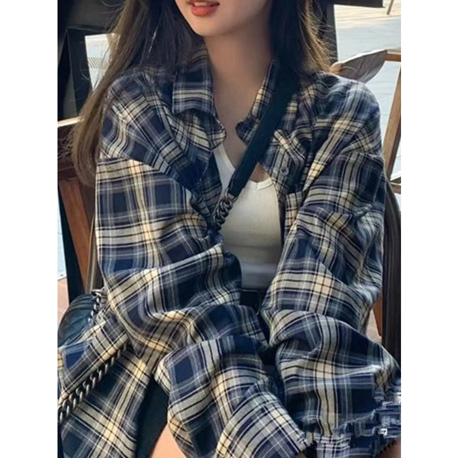 Casual Loose Fit Plaid Shirt Navy-Plaid / S Apparel and Accessories