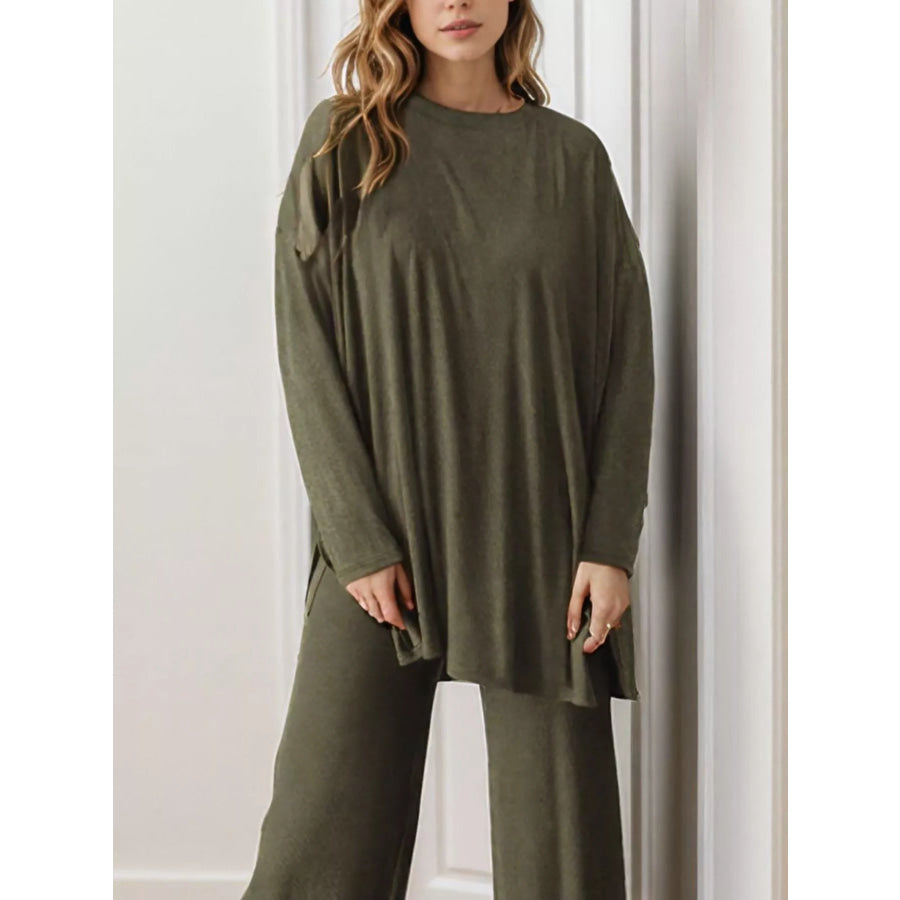 Casual Loose Long Sleeve Top and Wide Leg Pants Set Apparel and Accessories