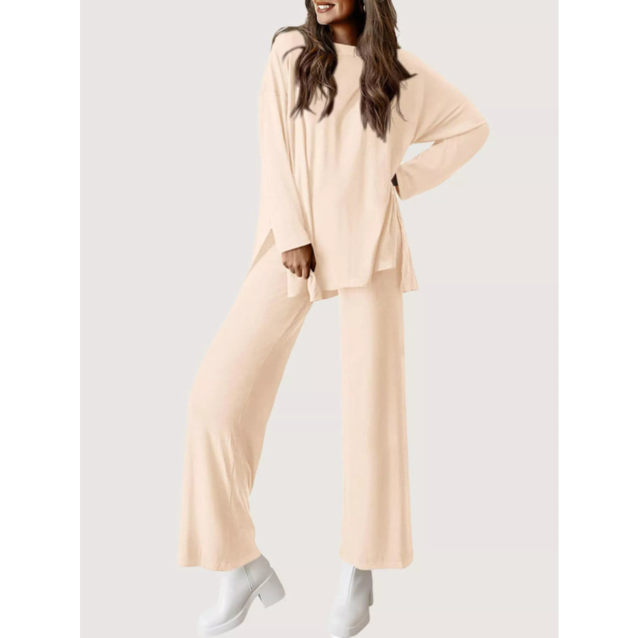 Casual Loose Long Sleeve Top and Wide Leg Pants Set Apricot / S Apparel and Accessories