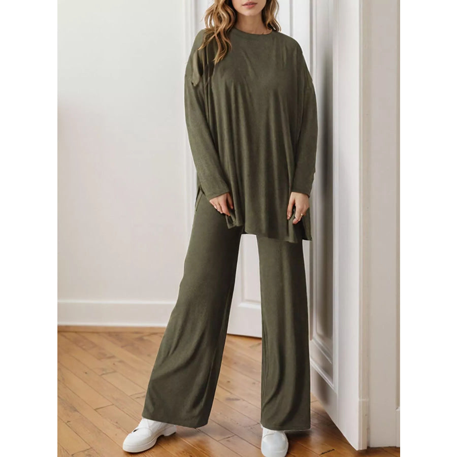 Casual Loose Long Sleeve Top and Wide Leg Pants Set Army Green / S Apparel and Accessories