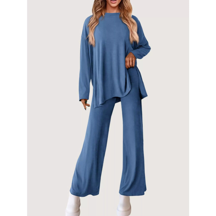 Casual Loose Long Sleeve Top and Wide Leg Pants Set Blue / S Apparel and Accessories