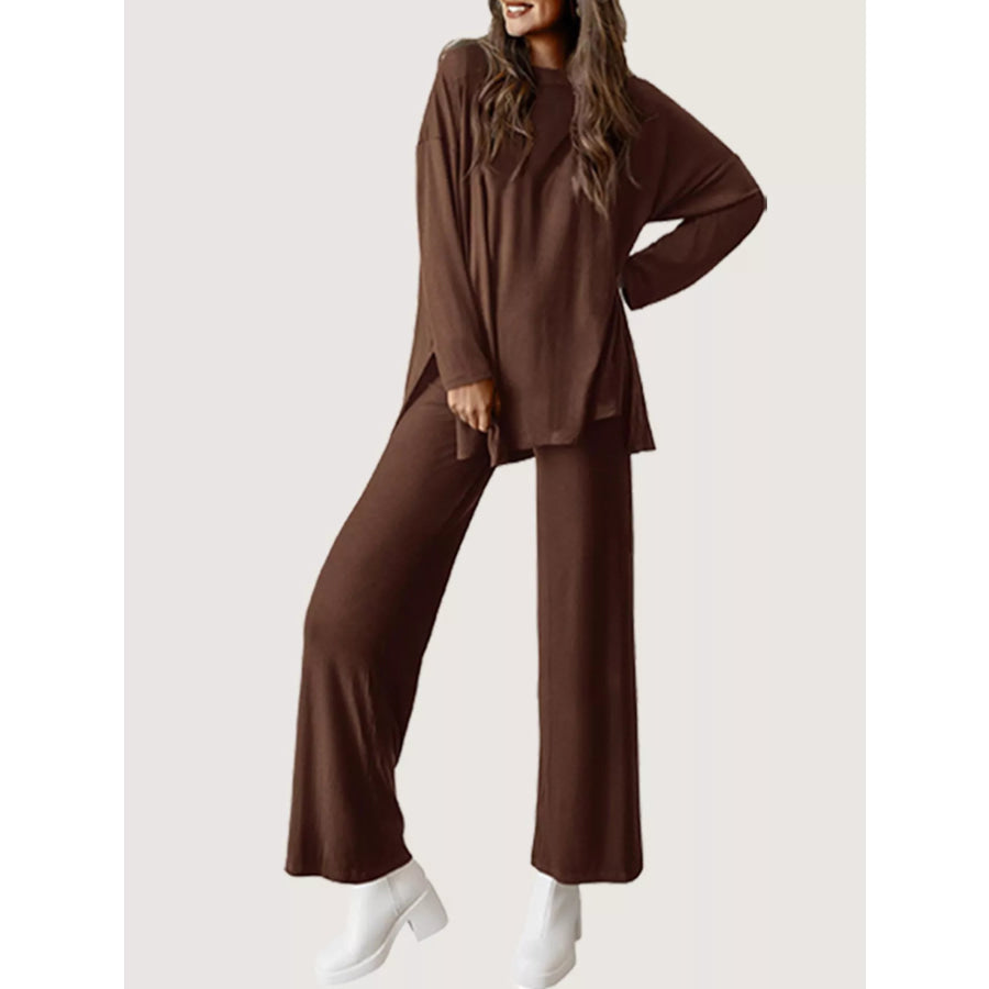 Casual Loose Long Sleeve Top and Wide Leg Pants Set Brown / S Apparel and Accessories