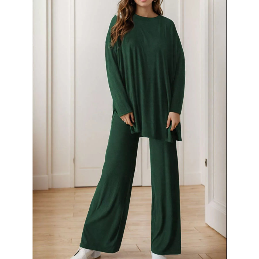 Casual Loose Long Sleeve Top and Wide Leg Pants Set Green / S Apparel and Accessories
