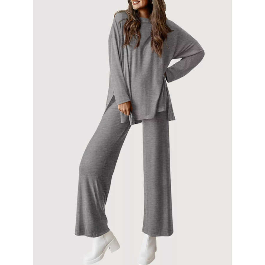 Casual Loose Long Sleeve Top and Wide Leg Pants Set Grey / S Apparel and Accessories