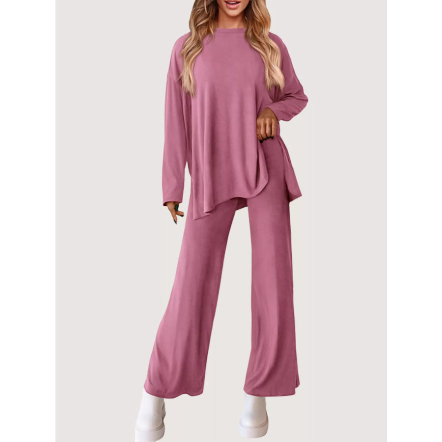 Casual Loose Long Sleeve Top and Wide Leg Pants Set Pink / S Apparel and Accessories
