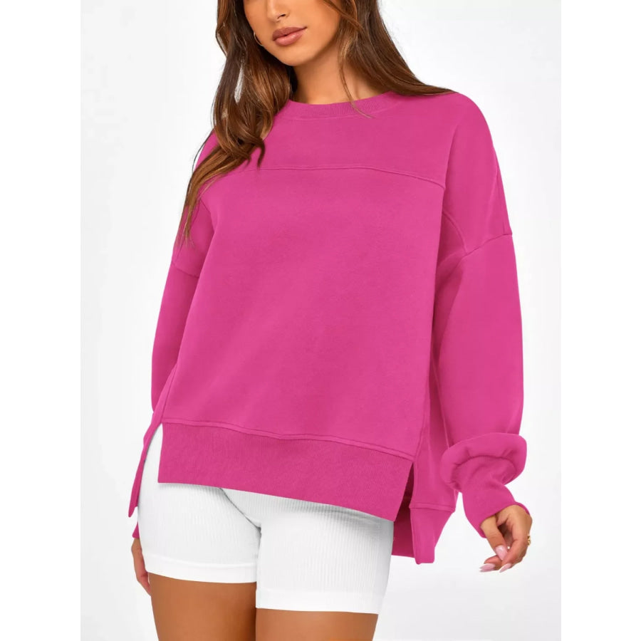 Casual Loose Side Slit Sweatshirt Hot Pink / S Apparel and Accessories