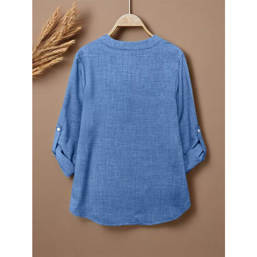 Casual Notched Roll-Up Sleeve Blouse Apparel and Accessories