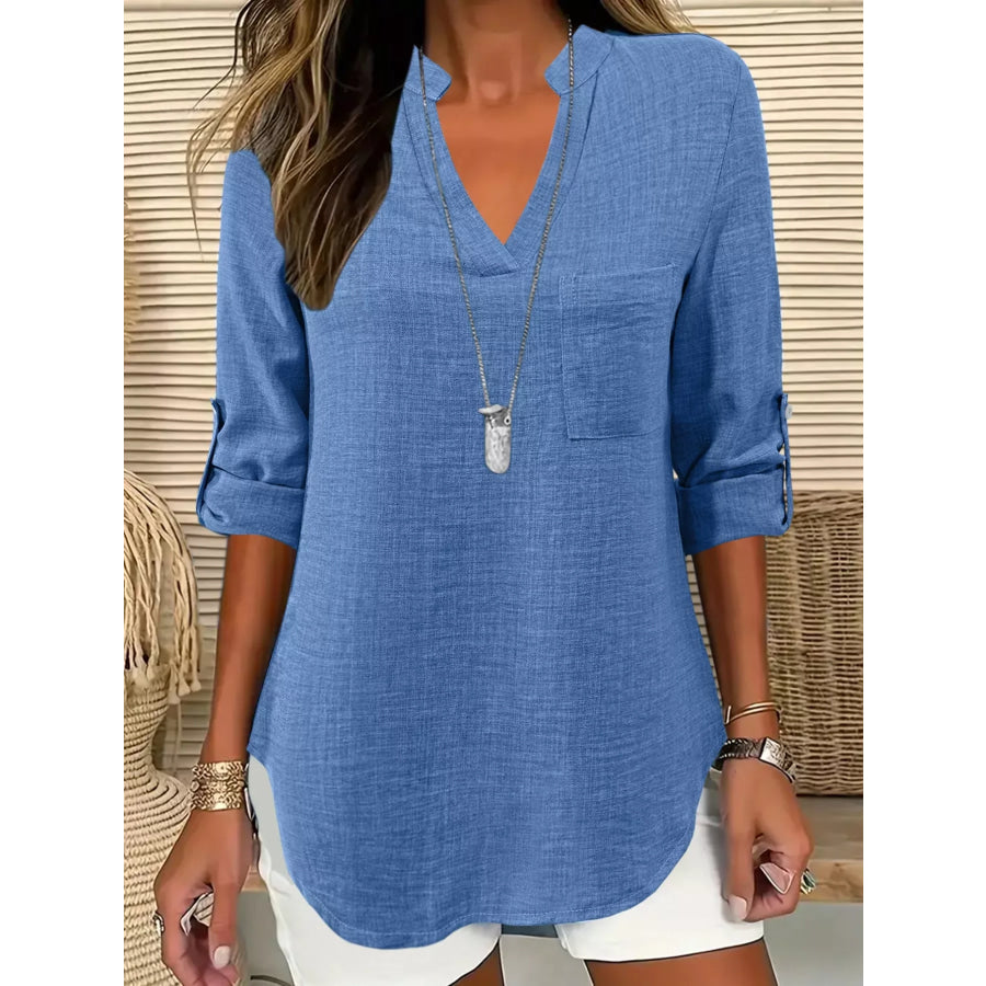 Casual Notched Roll-Up Sleeve Blouse Dusty Blue / S Apparel and Accessories