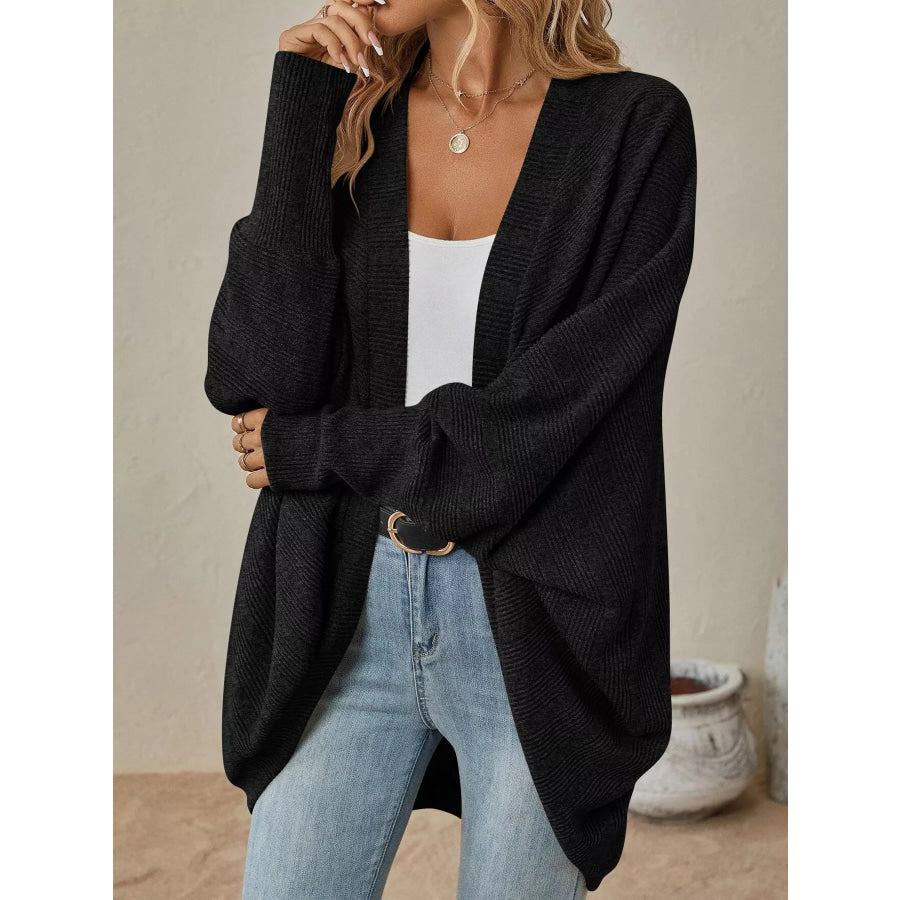 Casual Open Front Batwing Sleeve Ribbed Knit Cardigan Black / S Apparel and Accessories