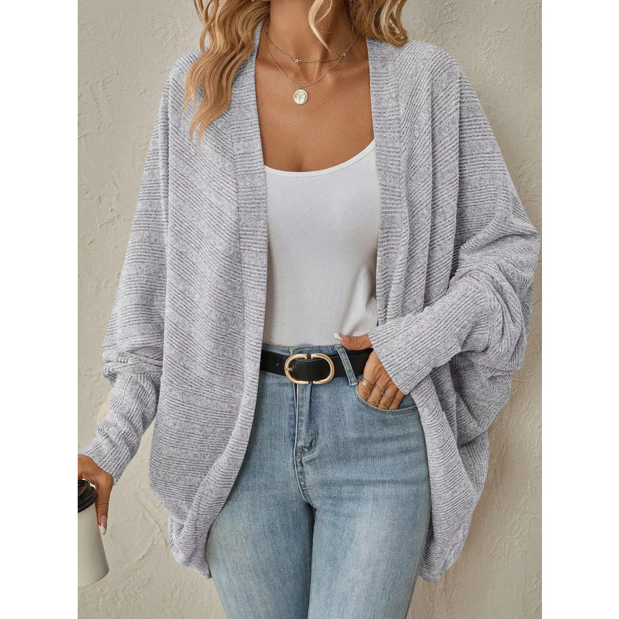 Casual Open Front Batwing Sleeve Ribbed Knit Cardigan Gray / S Apparel and Accessories